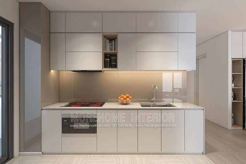 Lựa chọn tone màu trắng chủ đạo, tủ bếp gỗ Acrylic cao cấp mang đến phòng bếp thanh thoát và không kém phần sang trọng Tủ bếp acrylic
