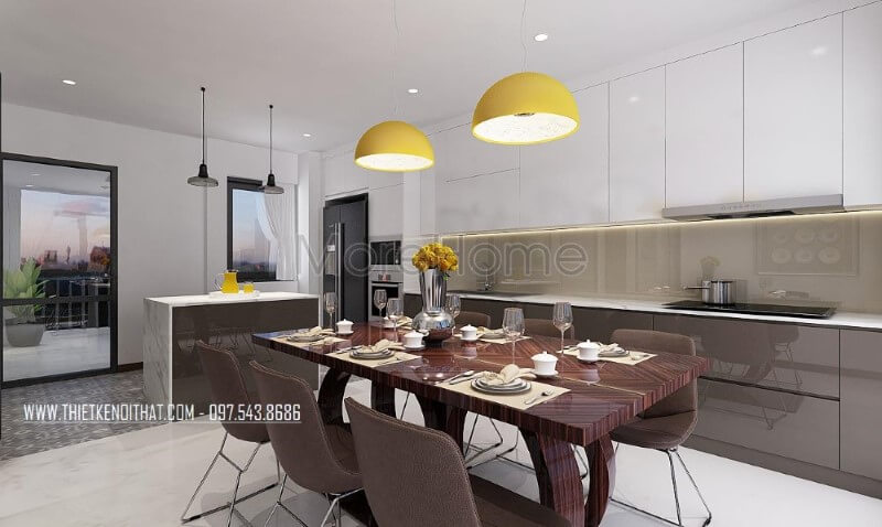 Bộ bàn ghế phòng ăn gỗ nguyên tấm sẫm 6 ghế màu kết hợp cùng tone sáng từ tủ bếp tạo nên vẻ đẹp hài hòa, sang trọng cho phòng bếp hiện đại. Thiết kế phòng bếp, tủ bếp gỗ An Cường