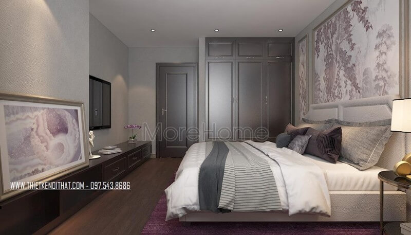 Giường ngủ gỗ tự nhiên có tab đầu giường bằng nỉ cao cấp, gam màu vẫn là gam màu lạnh chủ đạo của căn hộ, mảng tường đầu giường được ốp gỗ và trang trí một mẫu decor độc lạ thu hút. Mẫu thiết kế nội thất chung cư đẹp