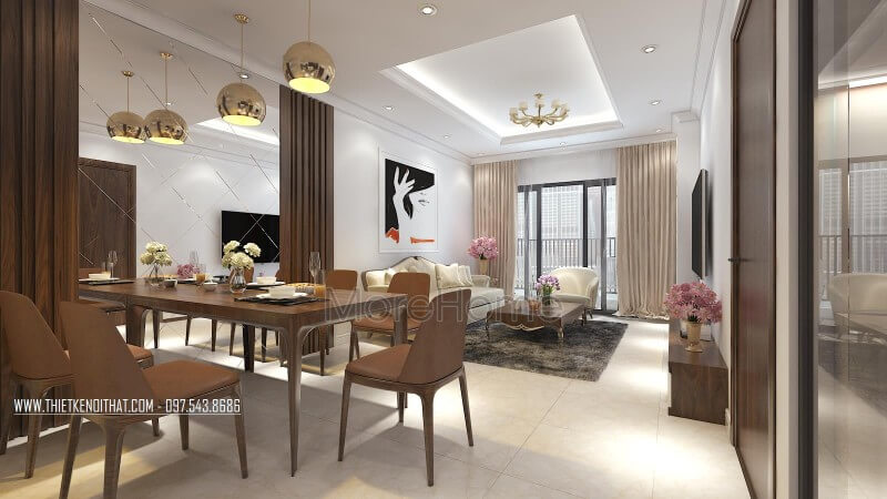 Liền kề với phòng khách là không gian uống ấm cúng được KTS thiết kế với mẫu bàn ăn hiện đại 6 người ngồi Mẫu thiết kế nội thất chung cư đẹp