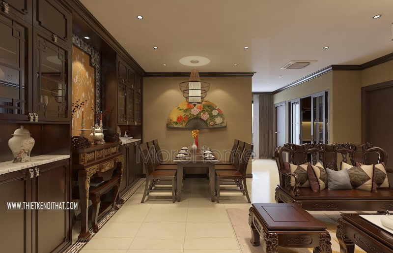 Thiết kế nội thất phòng ăn chung cư liền kề khu vực phòng khách tạo sự linh hoạt liên kết không gian Mẫu thiết kế nội thất chung cư đẹp