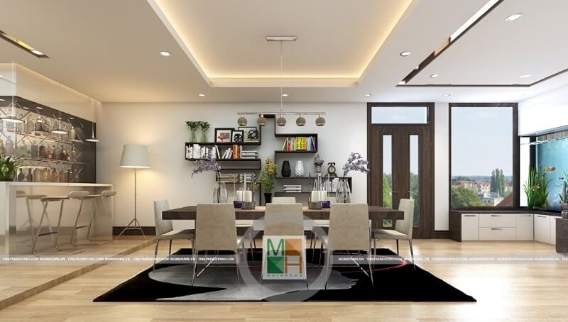 Đồ nội thất phòng ăn chung cư với kiểu dáng hiện đại, nhỏ gọn giúp tiết kiệm diện tích không gian mà vẫn mang đến vẻ đẹp tinh tế, cao cấp Mẫu thiết kế nội thất chung cư đẹp