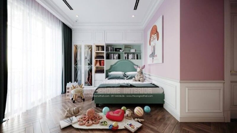 Tủ quần áo liền kệ để đồ đẹp, sang trọng co phòng bé gái. Mẫu thiết kế nội thất chung cư đẹp