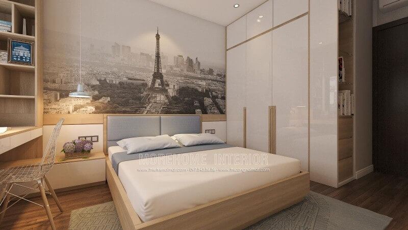 Ý tưởng sáng tạo trong trang trí nội thất phòng ngủ nhỏ nhưng tiện ghi với tab đầu giường làm kệ trang trí, tủ quần áo lồng với kệ để đồ cùng đèn thả ấn tượng giúp không gian phòng ngủ luôn đẹp và thông thoáng. Mẫu thiết kế nội thất chung cư đẹp