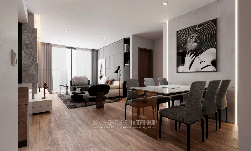 Thiết kế chung cư hiện đại,khu vực sinh hoạt chung được thiết kế liền kề, phần cửa hướng ra ban công kích thước lớn mang lại ánh sáng và không khí trong lành cho căn phòng bớt ngột ngạt Mẫu thiết kế nội thất chung cư đẹp