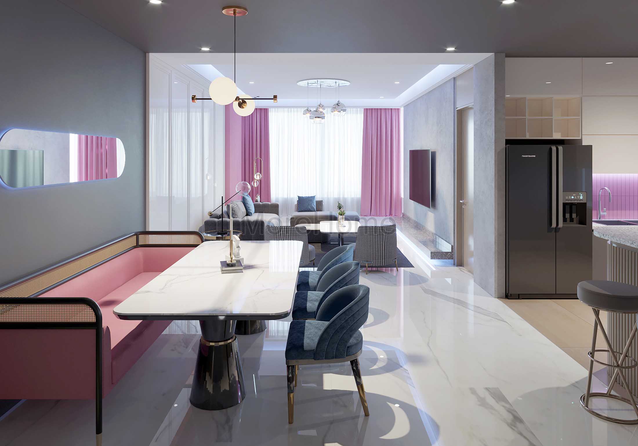 Thiết kế nội thất phòng ăn chung cư với tone màu cá tính kết hợp màu hồng dễ thương tạo lên sự lãng mạn cho không gian ngôi nhà. Mẫu thiết kế nội thất chung cư đẹp