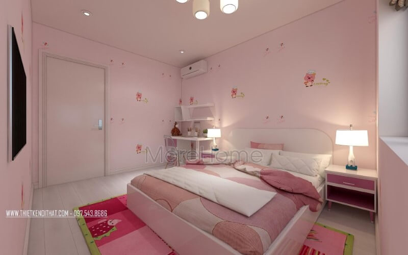 Giấy dán tường phòng ngủ đáng yêu với hình ảnh chú heo xinh xắn kết hợp đồ trang trí tràn ngập sắc hồng sẽ là lựa chọn tuyệt vời cho gái yêu của bạn. Thiết kế chung cư