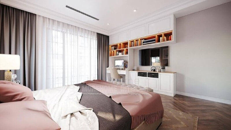 Bàn học liền kệ trang trí, kệ tivi, tủ đựng đồ tạo không gian đẹp, liền mạch, tối giản diện tích nhưng lại đảm bảo công năng hiệu quả cho phòng con. Thiết kế phòng ngủ nhà phố