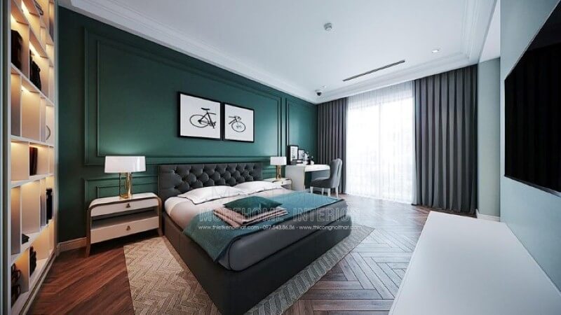 Giường bọc nệm đẹp ấn tượng với kiểu dáng vuông vắn kết hợp các nút nệm đầu giường tạo cảm giác êm ái, sang trọng cho phòng ngủ đương đại. Thiết kế phòng ngủ nhà phố