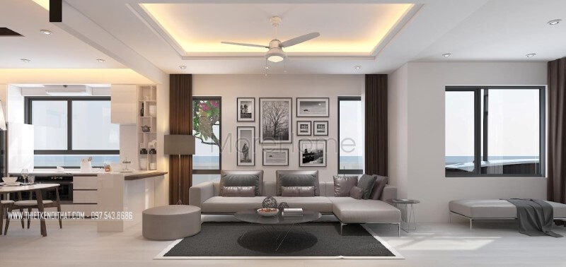 Thiết kế sofa hiện đại với kiểu dáng góc tiện lợi sang trọng từ chất liệu da bọc màu xám tinh tế phù hợp cho phòng khách biệt thự, nhà phố Mẫu nội thất biệt thự đẹp