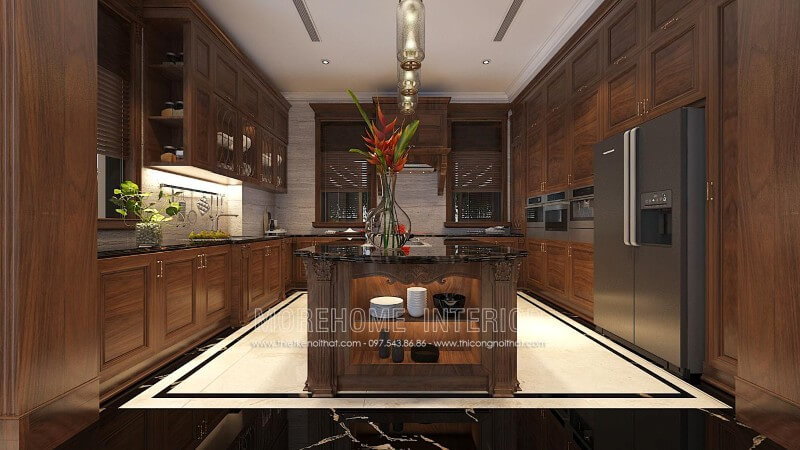Kết hợp giữa những đường nét cổ điển pha với một chút hiện đại, tủ bếp óc chó tân cổ điển đã tạo nên một không gian nhà bếp biệt thự đầy sang trọng và mê hoặc Tủ bếp đẹp, tủ bếp đẹp hiện đại, tủ bếp An Cường, tủ bếp cao cấp